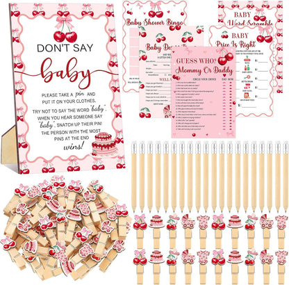 Patelai 321 Cherry Baby Shower Decorations Games Supplies Pink She's The Cherry on Top Baby Shower Games Themed Don't Say Sign for Cherries Themed Gender Reveal Birthday Party Decorations Supplies