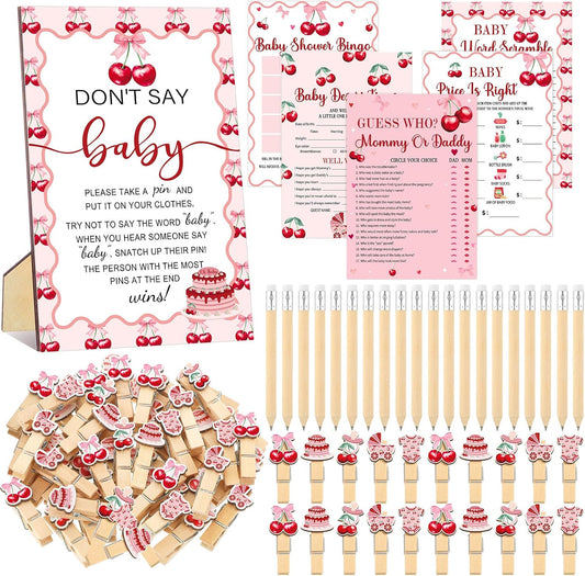 Patelai 321 Cherry Baby Shower Decorations Games Supplies Pink She's The Cherry on Top Baby Shower Games Themed Don't Say Sign for Cherries Themed Gender Reveal Birthday Party Decorations Supplies