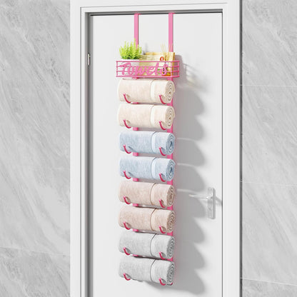 HapiRm Towel Racks for Bathroom Storage - 9 Tier Over The Door & Wall Mount Rolled Towel Storage Organizer Holder with Metal Shelf Basket for Small Bathroom, Camper, Rv - Pink, Patented