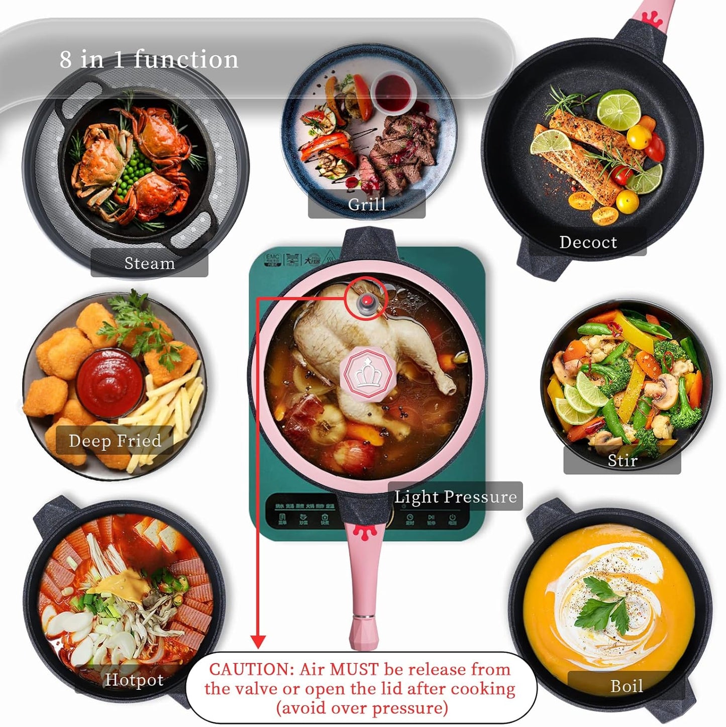 TIBORANG 11 Inch Nonstick Frying Pan with Lid, 8-in-1 Multipurpose Cookware, 5 Qt Deep Sauté Pan Skillet with Steamer, PFOA-Free, Dishwasher & Oven Safe, Induction Compatible, Stay-Cool Handle (Pink)