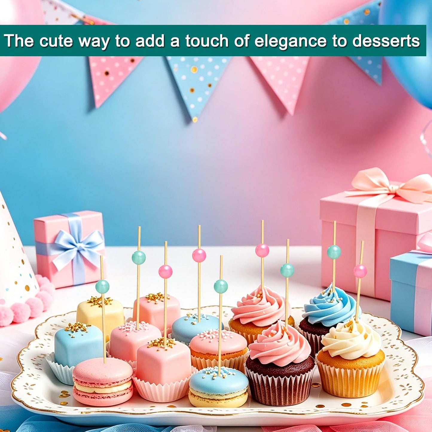 100 Pcs Gender Reveal Cocktail Picks, 4.7 Inch Pink and Blue Pearl Bamboo Toothpicks, Boy or Girl Theme Food Skewers Sticks for Appetizers Fruit Charcuterie, Dessert Gender Reveal Party Decorations
