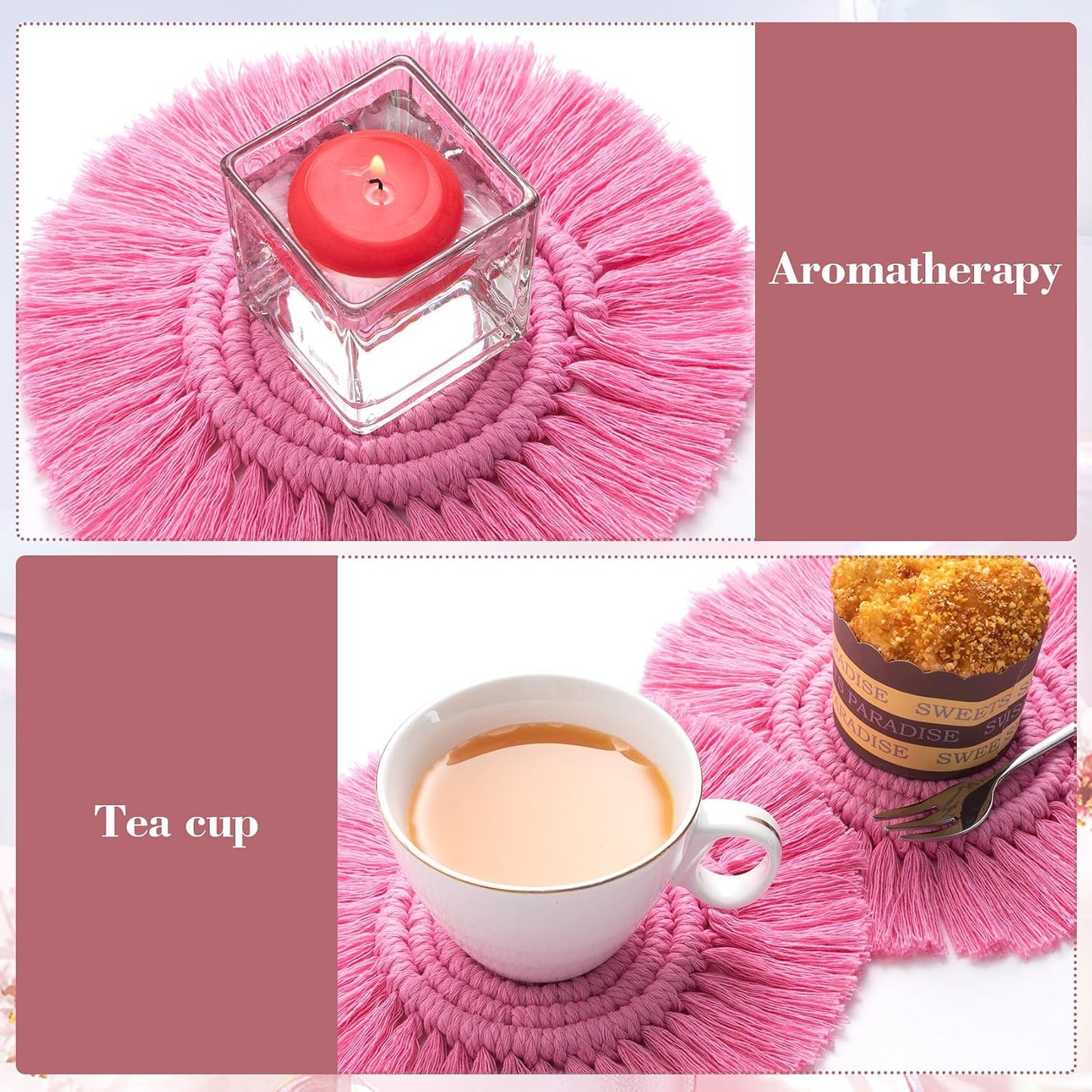 Pndeyo Round Coasters for Drinks Absorbent, Boho Braided Coasters with Tassels, Heat Resistant Cotton Coffee Cup Mat for Home Decor Wooden Tabletop Protection- Pink
