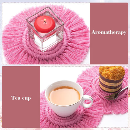 Pndeyo Round Coasters for Drinks Absorbent, Boho Braided Coasters with Tassels, Heat Resistant Cotton Coffee Cup Mat for Home Decor Wooden Tabletop Protection- Pink