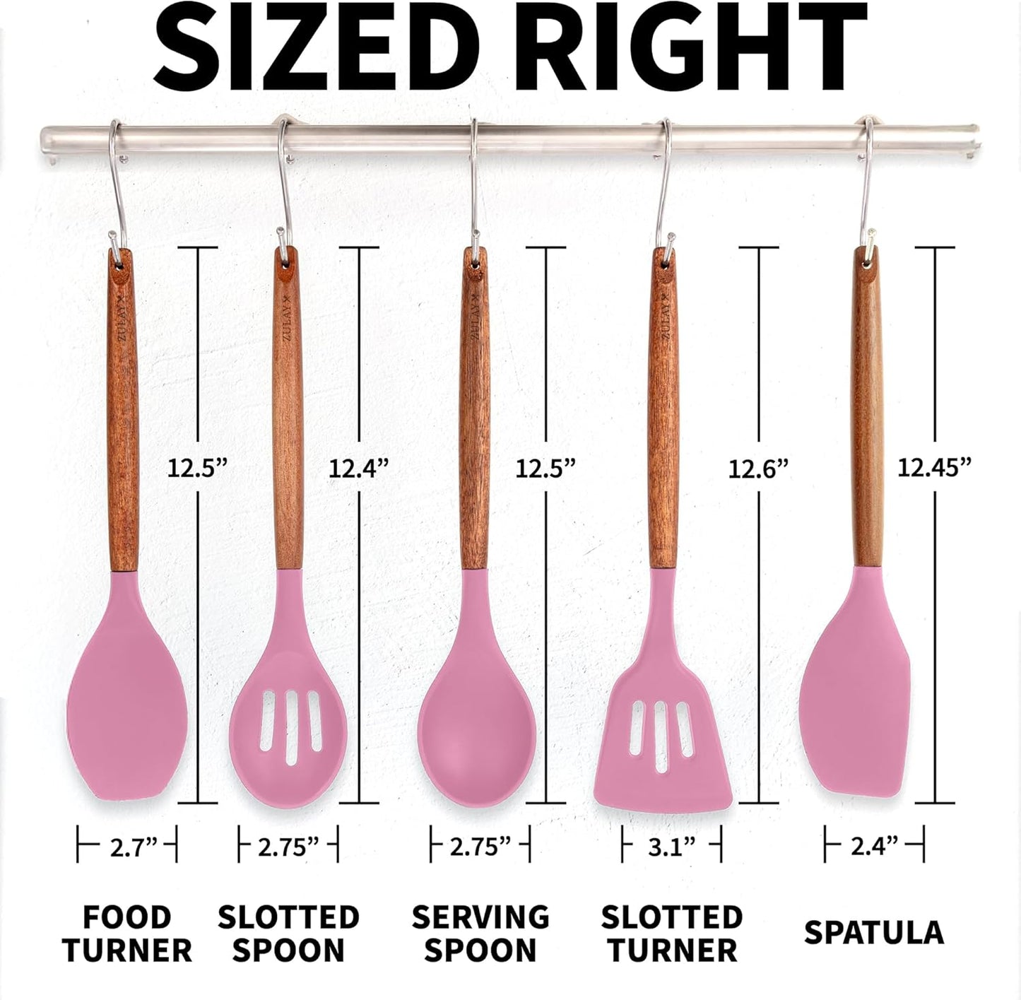 Zulay Kitchen Non-Stick Cooking Utensils Set with Authentic Acacia Wood Handles – 5-Piece Durable & Stylish Silicone Kitchen Utensils Set – Heat Resistant to 464°F – Pink