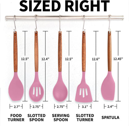 Zulay Kitchen Non-Stick Cooking Utensils Set with Authentic Acacia Wood Handles – 5-Piece Durable & Stylish Silicone Kitchen Utensils Set – Heat Resistant to 464°F – Pink