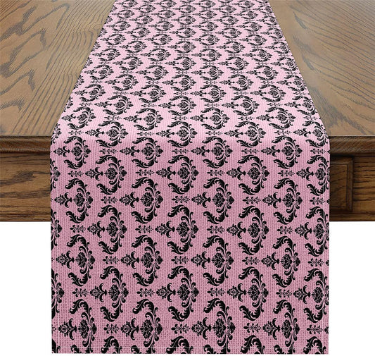 Manfei Pink Black Damask Table Runner Antique Baroque Retro Kitchen Dining Table Decoration for Indoor Outdoor, Boho Floral Vintage Table Center Home Party Decor,48 x 13 Inch