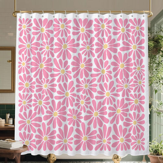 SHIYUE Pink Flower Shower Curtain, Cute Boho Floral Bathroom Decor, 180GSM Heavy Duty Waterproof Washable Fabric, with 12 Hooks 72x72 Inches