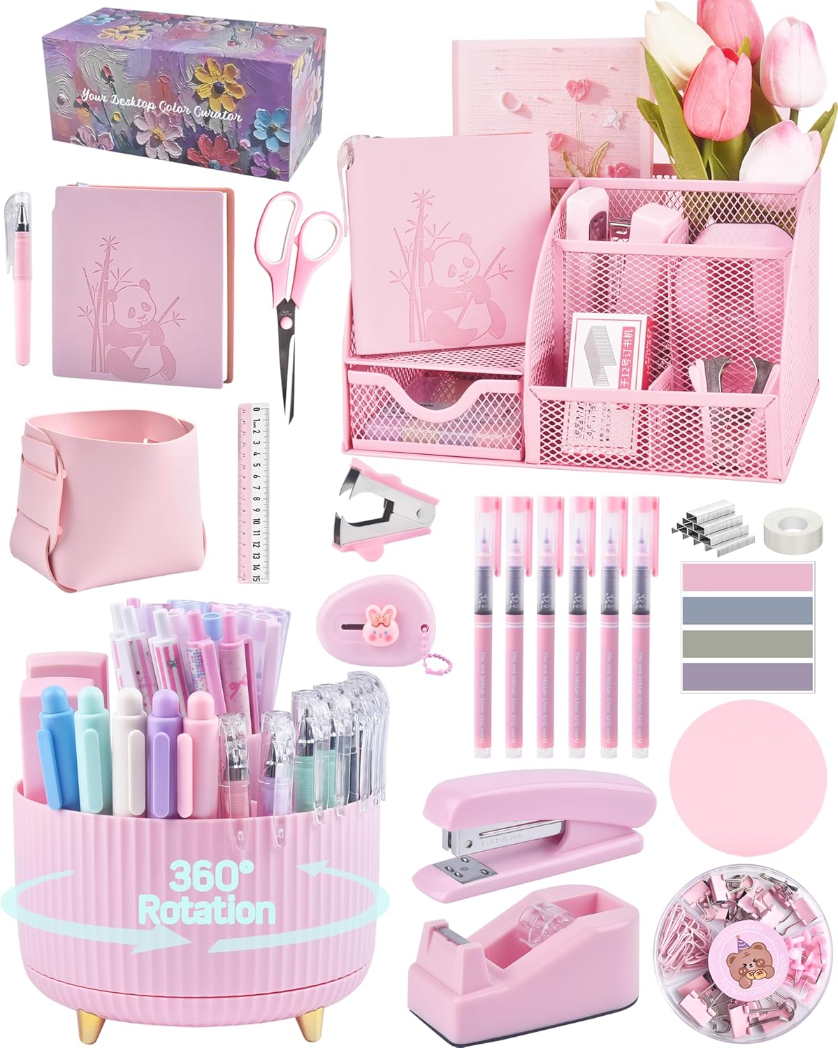 Pink Desk Accessories and Organizers with Desk Organizer and 360°Rotating Pen Holder stapler Pen and a Lot of Office Pink Office Supplies Beautifully Presented in a Gift Box