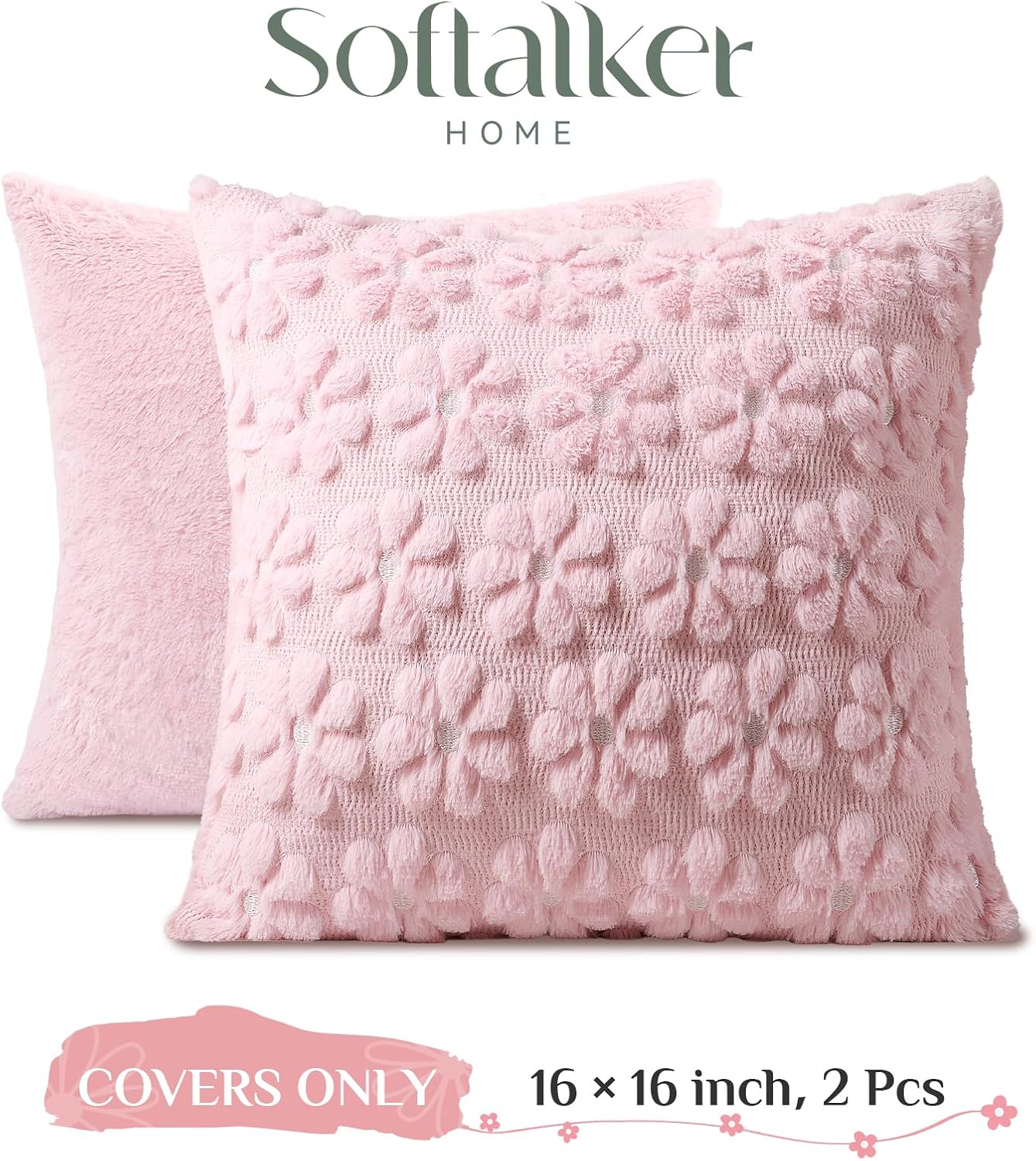 Softalker Spring Decorative Throw Pillow Covers 16 x 16 Inch Set of 2, Farmhouse Summer Floral Daisy Soft Faux Fur Cushion Covers, 3D Pillow Cases for Couch Bedroom Living Sofa Room Home Decor, Pink