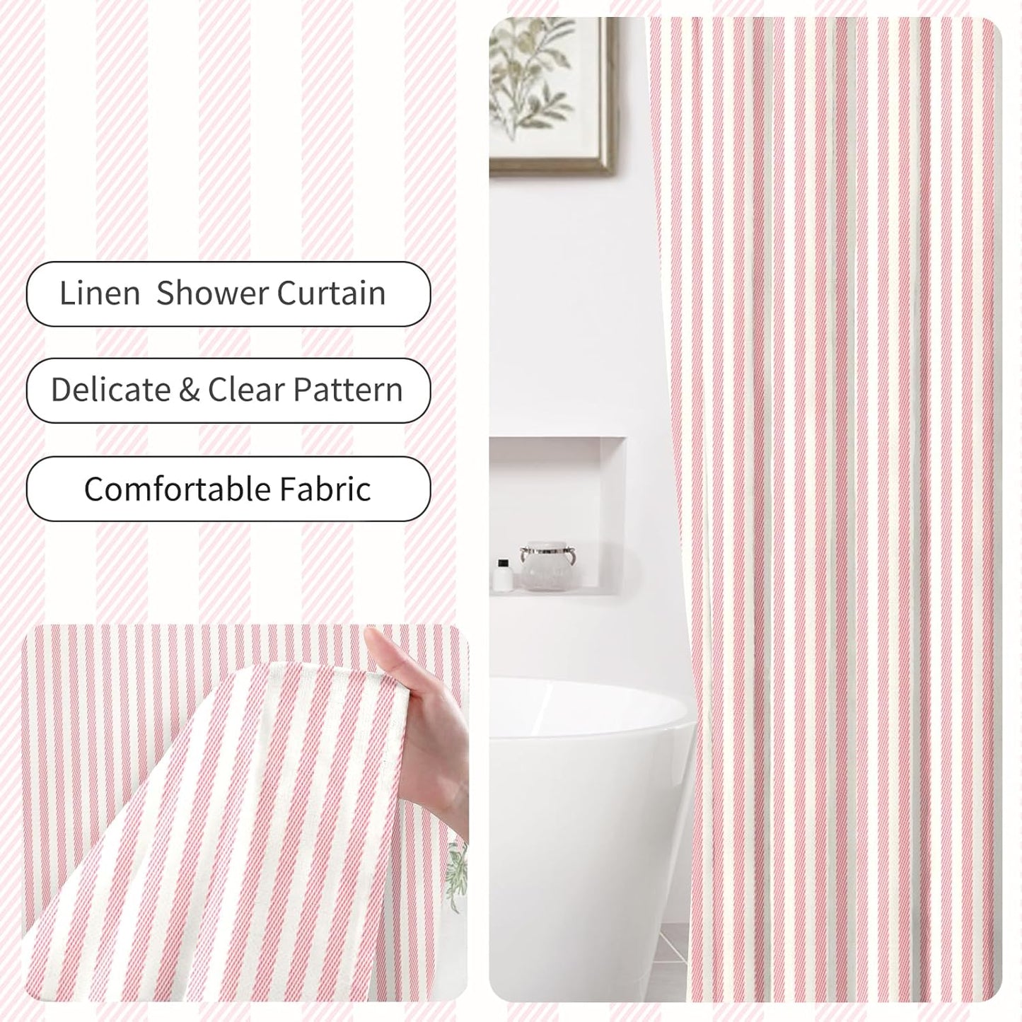 Pink White Striped Linen Cotton Waterproof Shower Curtain, Funny Stripe Shower Curtains for Bathroom Decor, Chic Fabric Cloth Shower Curtain 72" W x 72" L