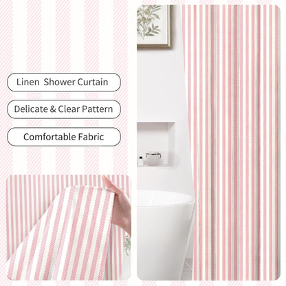 Pink White Striped Linen Cotton Waterproof Shower Curtain, Funny Stripe Shower Curtains for Bathroom Decor, Chic Fabric Cloth Shower Curtain 72" W x 72" L