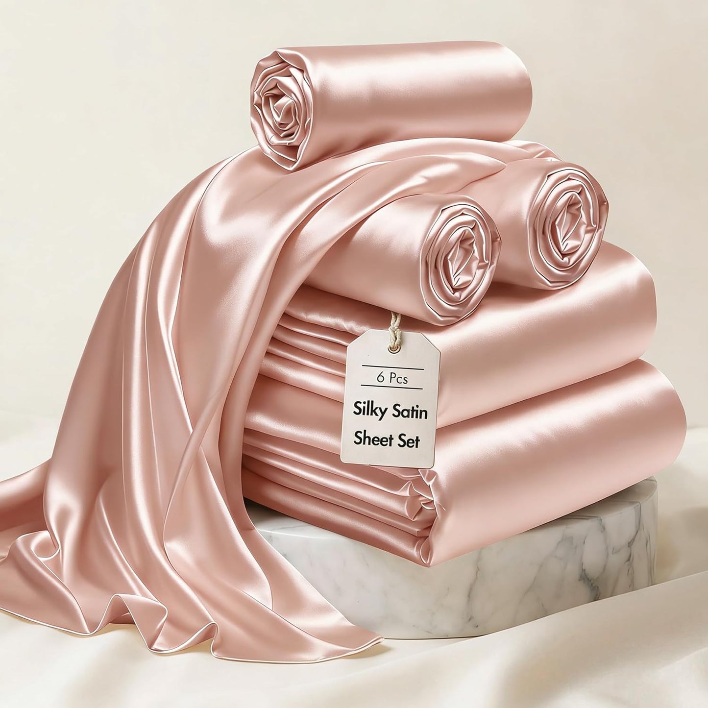 Madison Park Essentials Satin Sheet Set Luxury and Silky with Natural Sheen, Elastic 14" Pocket fits up to 16" Mattress, All Around Elastic - Year-Round Bedding, Full, Blush, 6 Piece