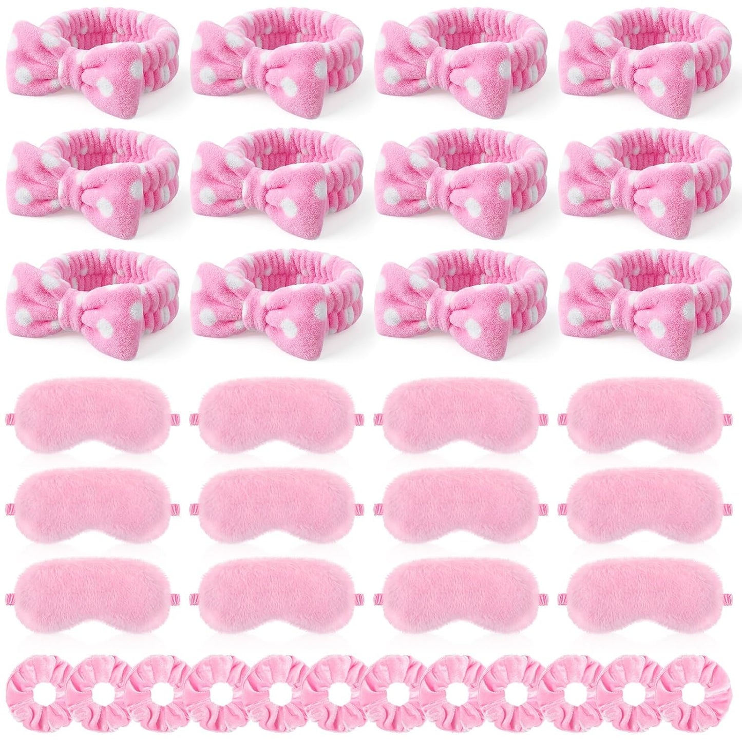 Maiteenly 18 Pcs Sleepover Party Supplies Include 6 Bow Spa Headbands, 6 Eye Mask and 6 Velvet Scrunchies Pink Party Favors for Women Makeup Gift Bachelorette Slumber Wedding