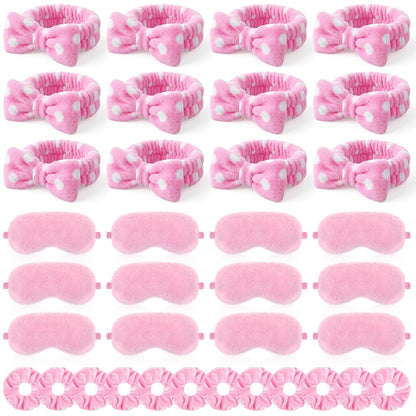 Maiteenly 18 Pcs Sleepover Party Supplies Include 6 Bow Spa Headbands, 6 Eye Mask and 6 Velvet Scrunchies Pink Party Favors for Women Makeup Gift Bachelorette Slumber Wedding