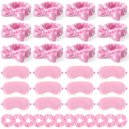 Maiteenly 18 Pcs Sleepover Party Supplies Include 6 Bow Spa Headbands, 6 Eye Mask and 6 Velvet Scrunchies Pink Party Favors for Women Makeup Gift Bachelorette Slumber Wedding
