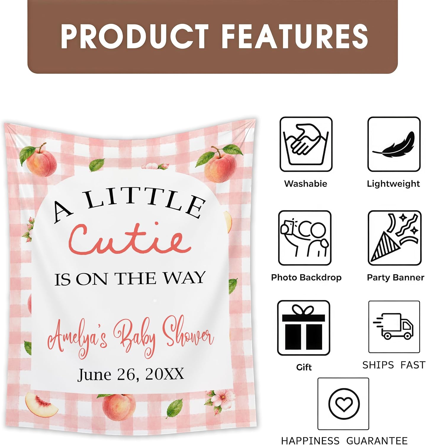 Little Cutie Baby Shower Backdrop, Peach BabyShower Decorations, Pink Gingham Baby Shower Banner, Cutie Babys Showers Welcome Sign, Peach Theme BabyShower Photo Booth Background