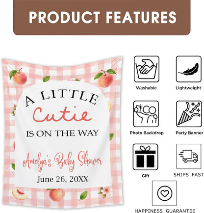 Little Cutie Baby Shower Backdrop, Peach BabyShower Decorations, Pink Gingham Baby Shower Banner, Cutie Babys Showers Welcome Sign, Peach Theme BabyShower Photo Booth Background