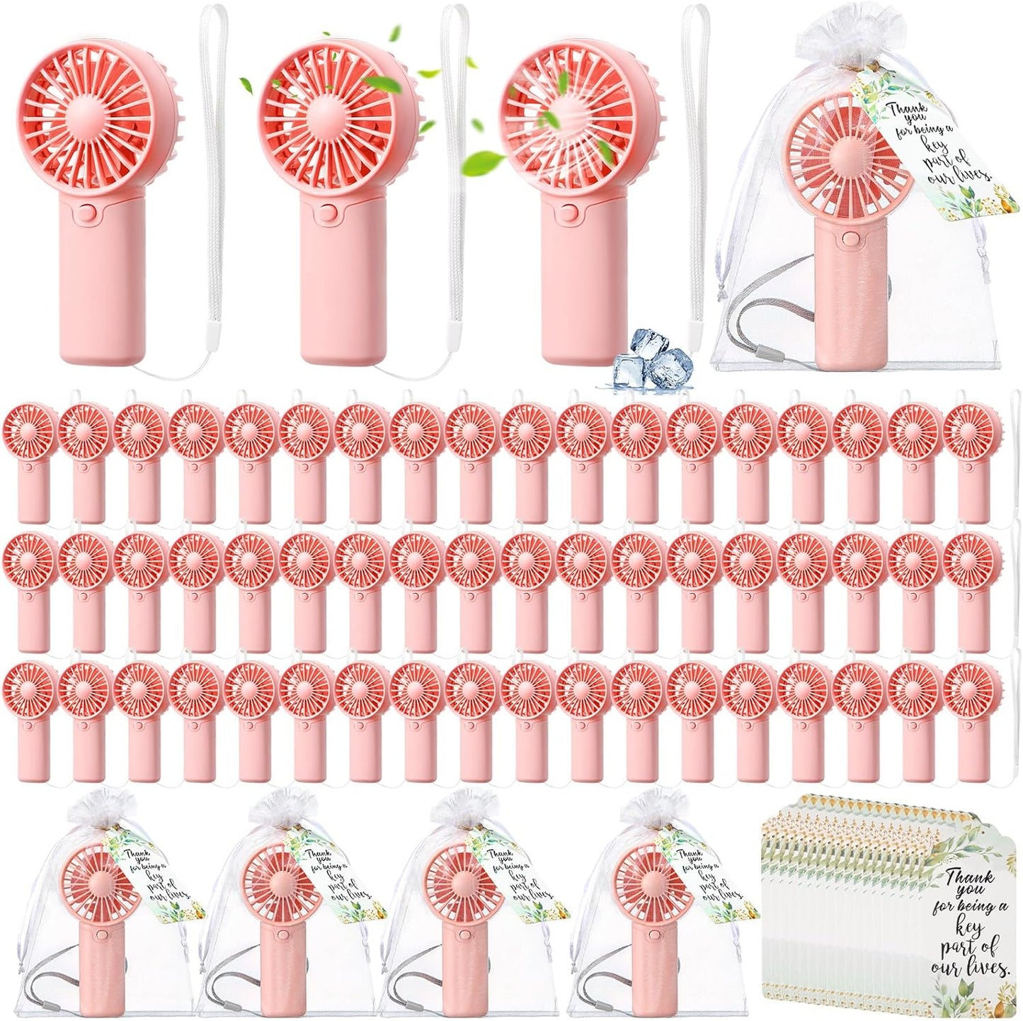 50 Set Wedding Mini Handheld Fans for Guests Bulk, Portable Battery Operated Small Cooling Fans with Thank You Cards & Organza Bags, Perfect for Summer Outdoor Bridal Shower Party Favors (Pink)