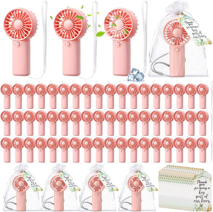50 Set Wedding Mini Handheld Fans for Guests Bulk, Portable Battery Operated Small Cooling Fans with Thank You Cards & Organza Bags, Perfect for Summer Outdoor Bridal Shower Party Favors (Pink)