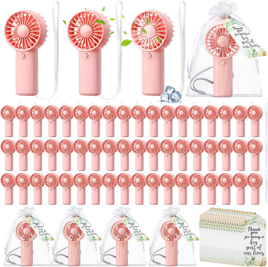 50 Set Wedding Mini Handheld Fans for Guests Bulk, Portable Battery Operated Small Cooling Fans with Thank You Cards & Organza Bags, Perfect for Summer Outdoor Bridal Shower Party Favors (Pink)