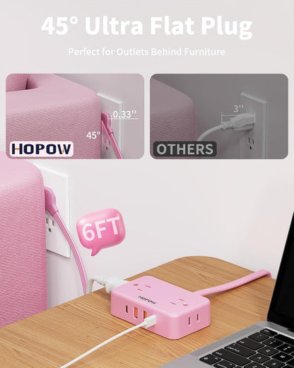 HOPOW Pink Extension Cord, 6 Ft Ultra Thin Pink Power Strip, 4 AC Wide Spaced Outlets and 4 USB (2 USB-C) Ports, No Surge Protector for Kawaii Desk Home Room Decor Essentials