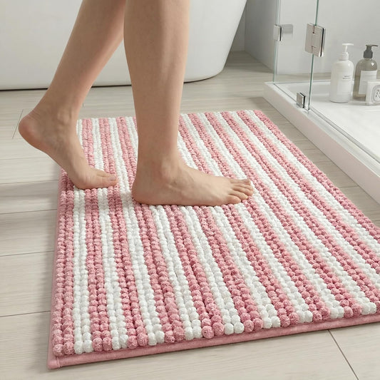 Chenille Bathroom Rug Non Slip Washable, Absorbent Bath Mat with Quick Dry Surface and Durable Hot Melt Adhesive Backing for Floor, Tub, Shower, Sink, Small (16" x 24"), Pink and White Pinstripe