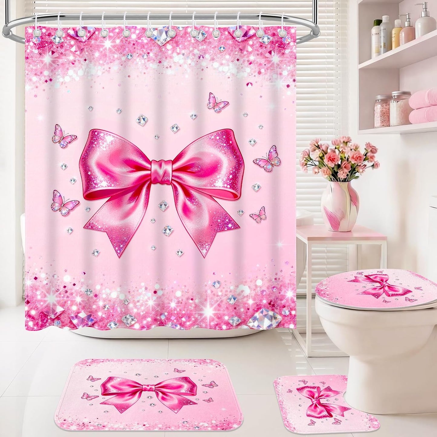 4Pcs Pink Bow Shower Curtain Sets, Bathroom Sets with Shower Curtain, Non-Slip Rugs, Toilet Lid Cover and Bath Mat, Pink Glitter Diamond Shower Curtain with 12 Hooks for Bathroom Set Decor