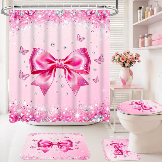 4Pcs Pink Bow Shower Curtain Sets, Bathroom Sets with Shower Curtain, Non-Slip Rugs, Toilet Lid Cover and Bath Mat, Pink Glitter Diamond Shower Curtain with 12 Hooks for Bathroom Set Decor