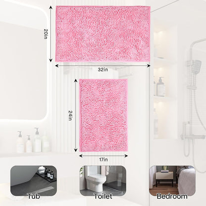 Bathroom Rugs Sets 2 Piece Washable, Luxury ，Chenille Bath Mat Set, Soft Plush Anti-Slip Rectangular Bath， Rug Super Absorbent. (Pink, 32"x20"+24"x16")