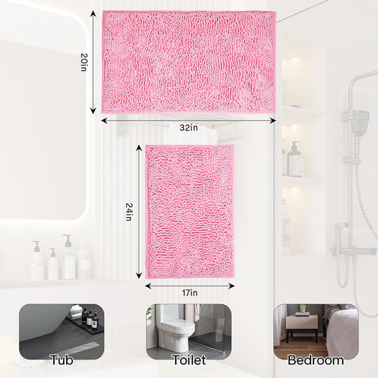 Bathroom Rugs Sets 2 Piece Washable, Luxury ，Chenille Bath Mat Set, Soft Plush Anti-Slip Rectangular Bath， Rug Super Absorbent. (Pink, 32"x20"+24"x16")