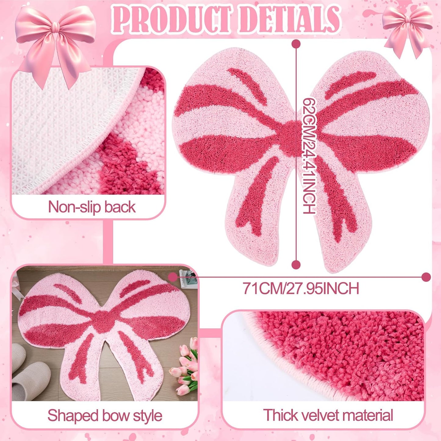 Tinideya Pink Bow Bathroom Mat, 28 x 24 Inch Non Slip Bath Rugs Coquette Bow Bathmat Pink Bowknot Bathroom Rugs Bowknot Shaped Rug Door Welcome Mat for Bathtub Decor Gifts