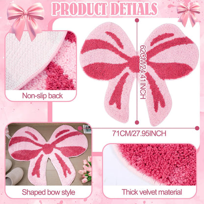 Tinideya Pink Bow Bathroom Mat, 28 x 24 Inch Non Slip Bath Rugs Coquette Bow Bathmat Pink Bowknot Bathroom Rugs Bowknot Shaped Rug Door Welcome Mat for Bathtub Decor Gifts