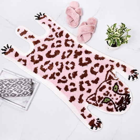Panstar Cute Pink Leopard Bath Mat for Bathroom, Cute Cartoon Bath Mat Non Slip Animals Shaped Absorbent Bathtub Rug Bathroom Plush Shower Rugs