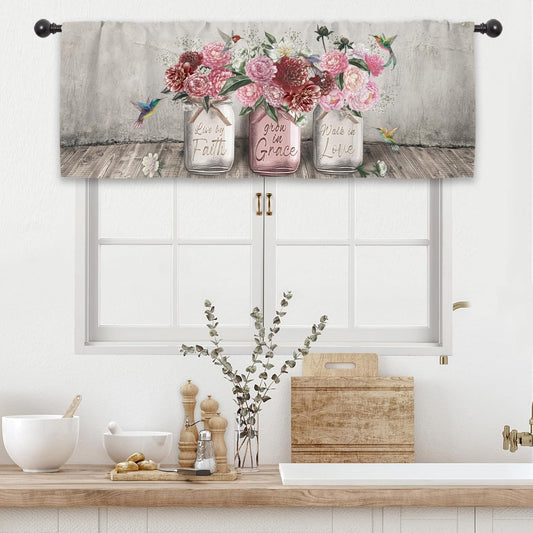 Rustic Farmhouse Peony Rose Kitchen Curtain Valance 54W x 18L Inch Barn Door Pink Red Flower Country Wooden Inspirational Rod Pocket Short Cafe Small Window Treatment Drapes Decor