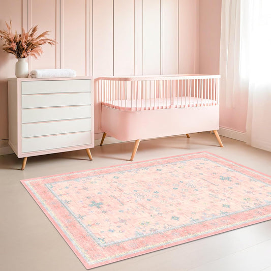 Hazo Haus Nursery Area Rug 4x6 - Pink Rugs for Girls Bedroom, Living Room - Washable Low Pile Non-Slip Charming Boho Vintage Traditional Oushak Design, Perfect for Kids Rooms