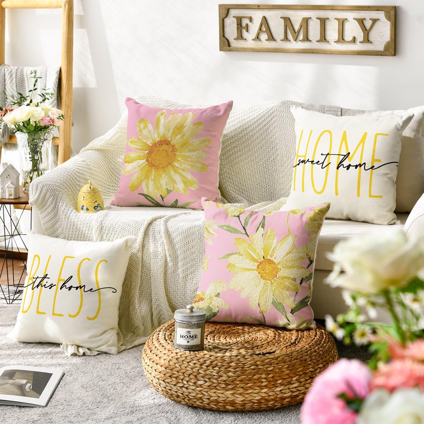AVOIN colorlife Home Sweet Home Spring Summer Flowers Pink Throw Pillow Covers, 18 x 18 Inch White Cushion Case for Sofa Couch Set of 4