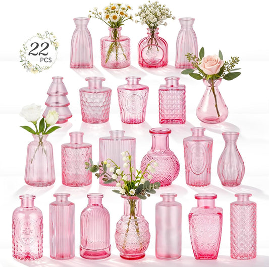 RUCKAE Glass Bud Vases Mini Flower Vase Small Vintage Vases for Centerpiece Table Wedding Decorations Home Decor Party(Pink 22 Pack)