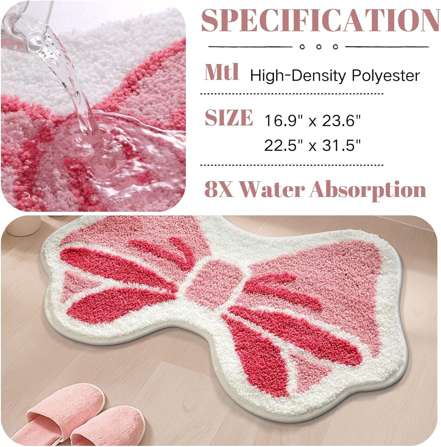 Pink Bow Bathroom Rug, 15.7" x 23.6" Irregular Rug, Fluffy Bath Mat, Non-Slip Floor Mat with 8X Absorbency, for Bathroom & Bedroom, Gift for Girls
