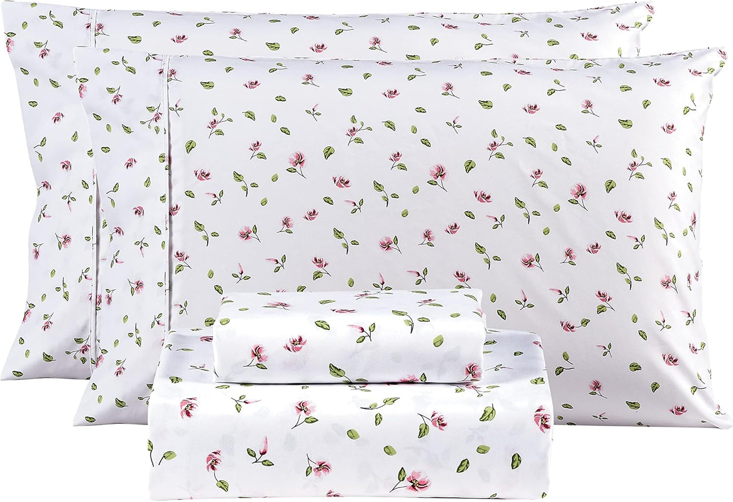 Mooreeke Queen Sheets Set - 4 Pieces Soft Breathable Microfiber Bed Sheet Set - Pink Flower Green Leaf Pattern Sheet Set - Deep Pocket Non-Slip Floral Printed Fitted Sheet Included for All Season