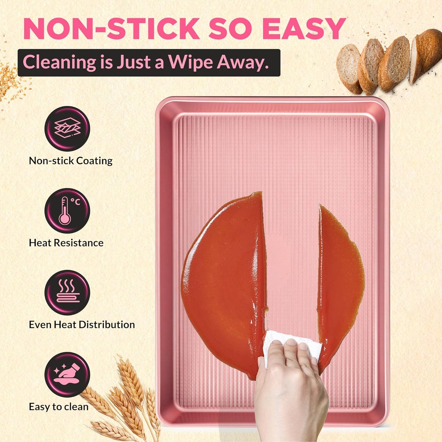 Professional Non-Stick Baking Sheets Set, 3-Piece Heavy Duty Carbon Steel Cookie Sheets with Oven Safe & Even Heating for Baking, Roasting, Cooking (Pink)