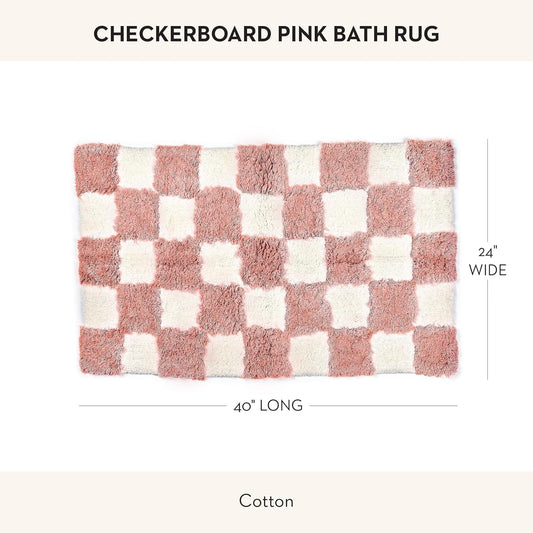 MACKENZIE-CHILDS Checkerboard Bath Rug, Washable Bath Mat for Bathroom Decor, 24" x 40", Pink-and-White Check