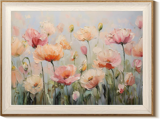WHASAYART Framed Floral Canvas Wall Art Decor Nature Spring Pictures Romantic Pink Poppy Artwork Colorful Flower Prints for Farmhouse Living Room Bedroom Bathroom Girls Room 12x16 Inch