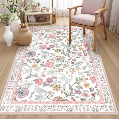 Rugalia Washable Floral Area Rug, 4x6 Pink Girls Bedroom Rug Soft Non-Slip Botanical Living Room Rugs, Ultra Thin Modern Boho Flower Birds Throw Carpet for Kitchen Entryway Nursery Foyer