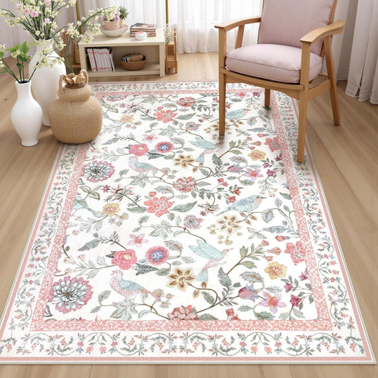 Rugalia Washable Floral Area Rug, 4x6 Pink Girls Bedroom Rug Soft Non-Slip Botanical Living Room Rugs, Ultra Thin Modern Boho Flower Birds Throw Carpet for Kitchen Entryway Nursery Foyer