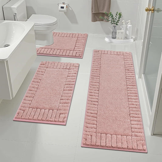 Pauwer Bathroom Rugs Sets 3 Piece Bathroom Shower Rugs with U-Shaped Contour Toilet Mat Absorbent Microfiber Plush Bath Mats Non Slip Bath Rug Machine Washable Shaggy Bath Mat Set, Dusty Pink