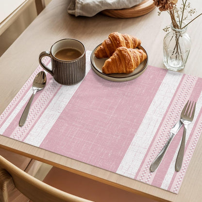 Vintage Pink Striped Placemats Set of 6, Farmhouse Modern Stripes Boho Placemats for Dining Table, Place Mats for Kitchen Tabletop, Waterproof Wipeable Dining Table Mats Set