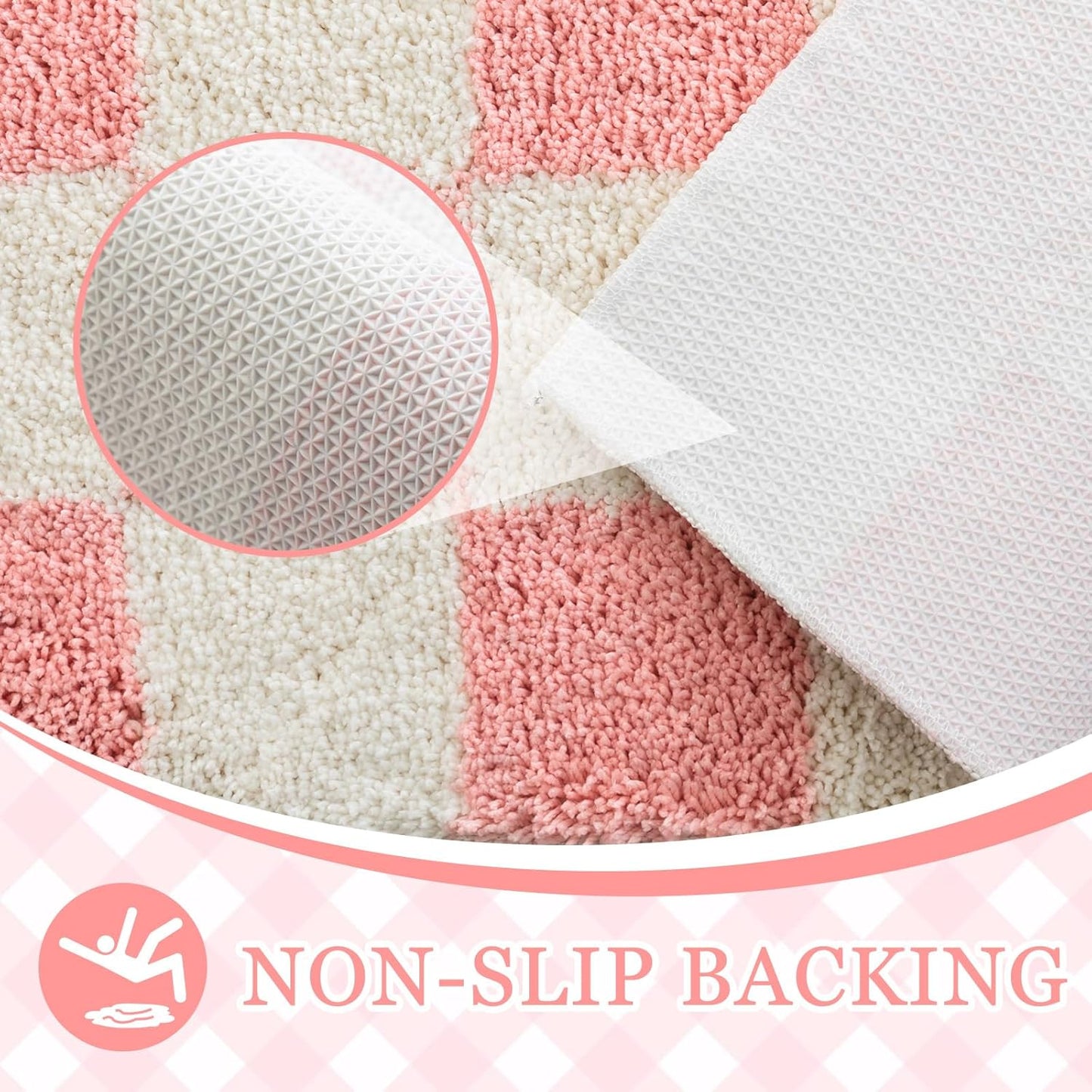 Breling Bath Mat Set of 2 Pink Checkered Fluffy Absorbent Microfiber Rugs Non Slip Non Skid Bath Mats for Bathroom Floor Tub and Shower, Washable, Ultra Soft, Quick Dry (32 x 20 Plus 24 x 17 - Inches)