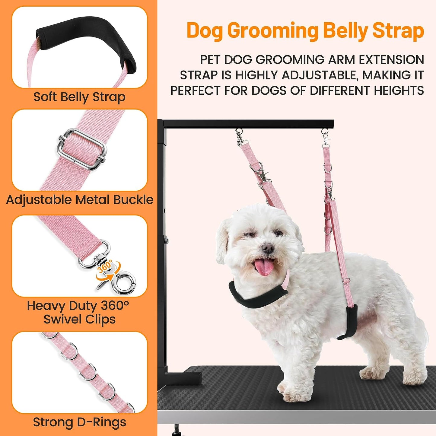 Dog Grooming Belly Strap - Dog Grooming Table Arm Extender with Clamp Extension Loop Bathing Restraint Leash No Sit Haunch Holder for Small & Medium Dogs Hair Cutting Washing (Pink)