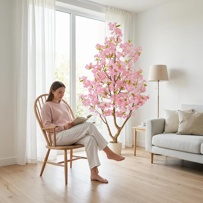 Warmplants 6ft Artificial Cherry Blossom Tree, Fake Sakura Pink Flower Plant in White Planter, Faux Blooming Trees for Home Office Wedding Entryway Décor