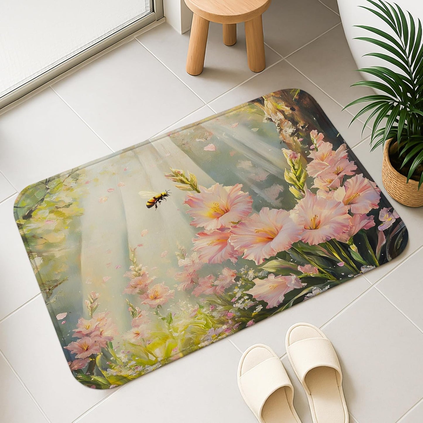Floral Paradise Quick Dry Bath Mat, Elegant Peach Blossoms Botanical Non Slip Shower Mat, Spring Decorative Washable Bath Rugs for Bathroom Toilet Restroom 20x32 Inch